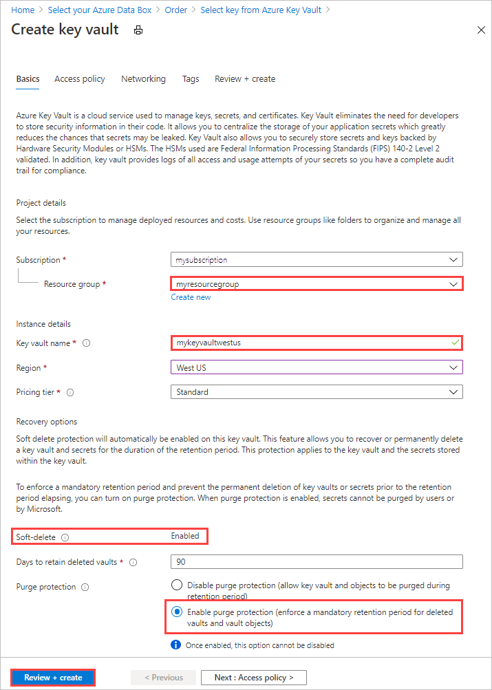 Schermopname van de besturingselementen die aanwezig zijn bij het maken van een nieuwe Azure Key Vault-sleutel op het tabblad Beveiliging van de Data Box-exportorder.