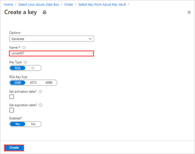 Schermopname van de opties voor nieuwe sleutels bij het maken van een nieuwe Azure Key Vault-sleutel om een door de klant beheerde sleutel te bieden op het tabblad Beveiliging van de Data Box-exportorder.