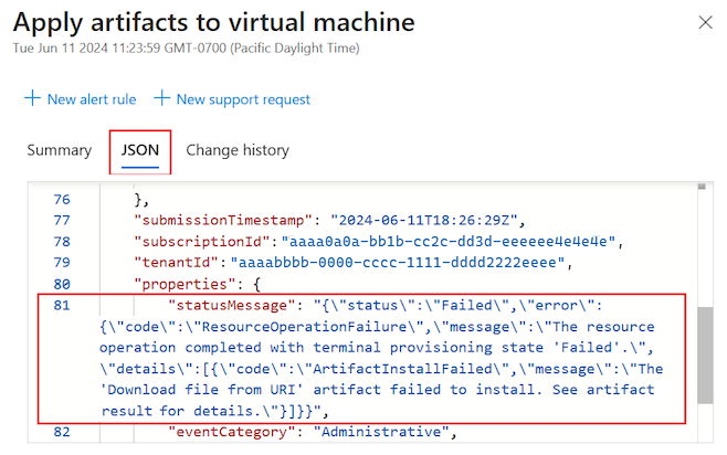 Schermopname die laat zien hoe u de JSON-details voor de invoer in het activiteitenlogboek van een mislukt artefact kunt bekijken.