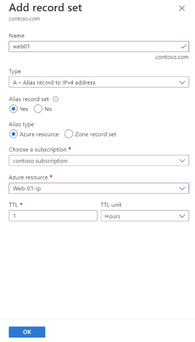 Scherm van het toevoegen van een aliasrecord om te verwijzen naar het Azure openbare IP-adres van de webserver met behulp van de pagina Recordset toevoegen.