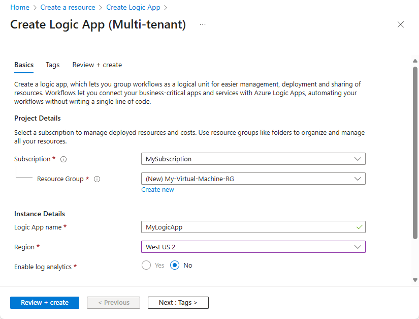 Schermopname van het menu voor het maken van logische apps, met details zoals naam, abonnement, resourcegroep en locatie.
