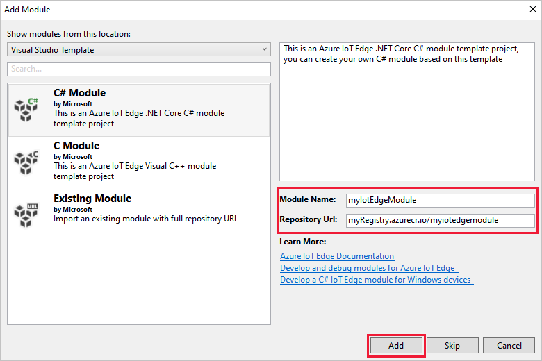 Scherm van selecties voor het toevoegen van een toepassing en module aan een Visual Studio solution.