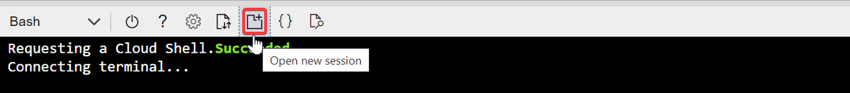 Schermafbeelding met het openen van een nieuwe Cloud Shell session.