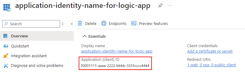 Screenshot toont de gemarkeerde toepassings-id (client).
