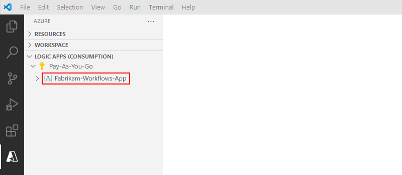 Schermopname van Visual Studio Code met de Resources-sectie en de gedeployde Verbruik-logische app-resource.