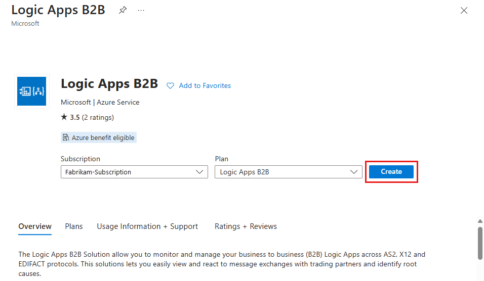 Schermopname met Create geselecteerd om een Logic Apps B2B-oplossing toe te voegen.
