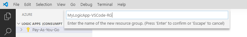 Schermopname van de naam van een nieuwe Azure-resourcegroep die is ingevoerd.