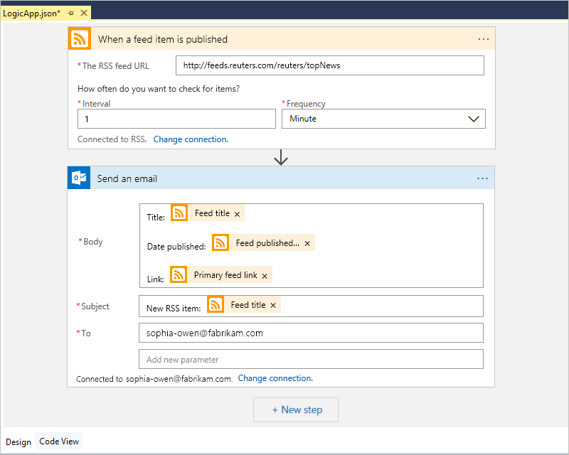 Schermopname van de voltooide workflow voor Logic Apps.