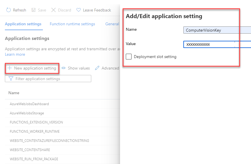 A schermopname waarin wordt getoond hoe u een nieuwe toepassingsinstelling toevoegt aan een Azure Function.