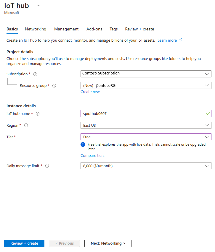 Schermopname van de wizard voor het maken van een IoT Hub in de Azure portal.