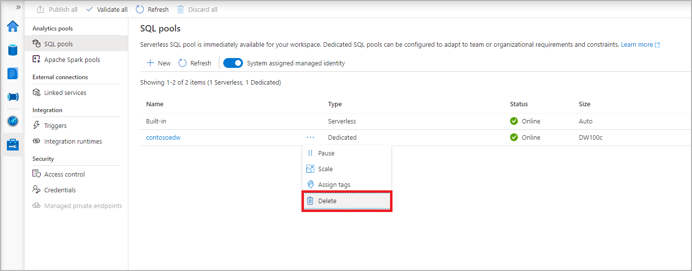 Een schermopname van alle SQL-pools, waarbij de onlangs gemaakte pool is geselecteerd.