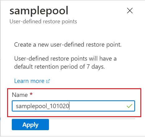 Schermopname van Azure Portal met de naam van het nieuwe door de gebruiker gedefinieerde herstelpunt.