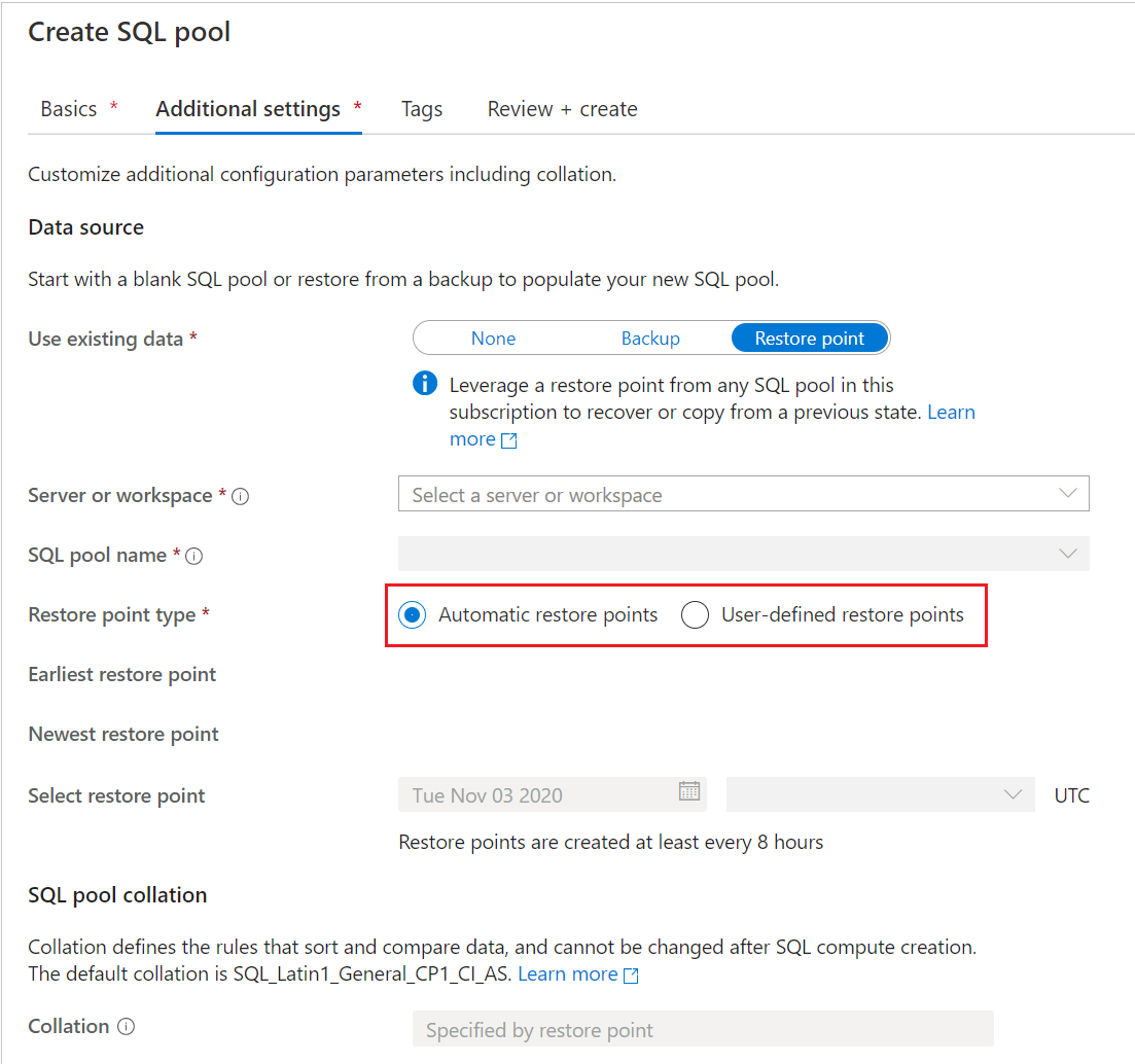 Schermopname van de Azure-portal, pagina SQL-pool maken, pagina Aanvullende instellingen. Voor type herstelpunt is het keuzerondje Automatische herstelpunten geselecteerd.