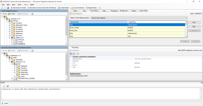 Schermopname die laat zien hoe u tabellen migreert van en een bestaande Oracle-omgeving naar Azure Synapse met behulp van SQL Server Migration Assistant voor Oracle.