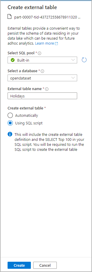 Schermopname van het dialoogvenster 'Externe tabel maken' in Azure Synapse Analytics vanuit de Azure portal.