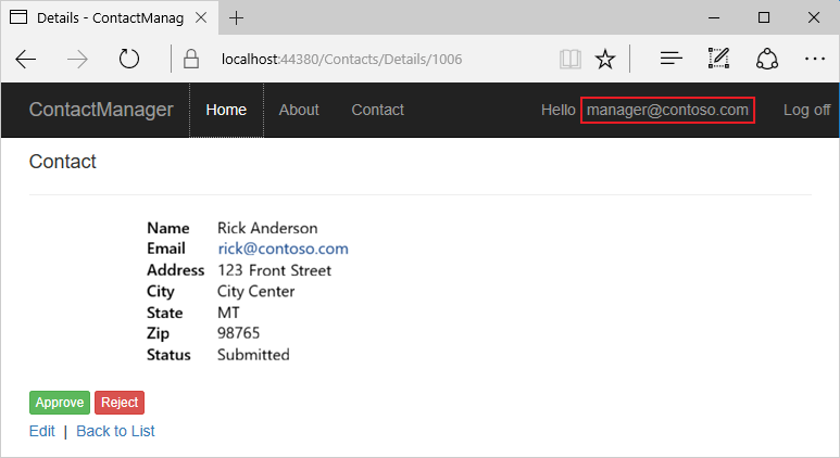 Schermopname van de managerweergave van een contactpersoon in de web-app.
