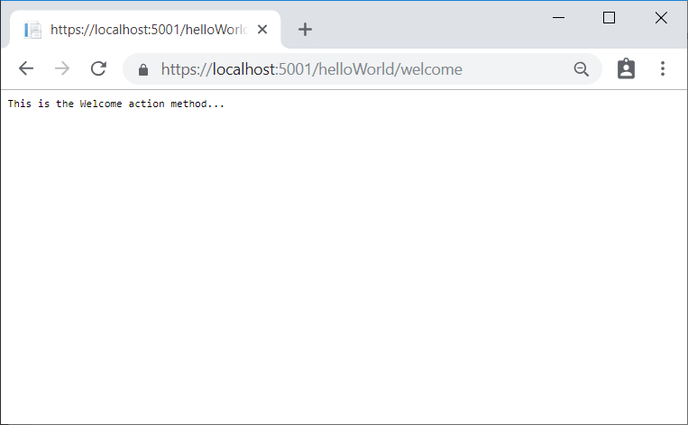 Browservenster dat een applicatieantwoord toont: Dit is de Welcome action method.