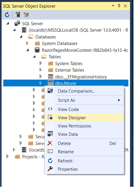 Contextmenu's openen op de filmtabel