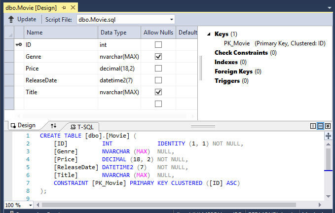 Filmtabellen worden geopend in Designer
