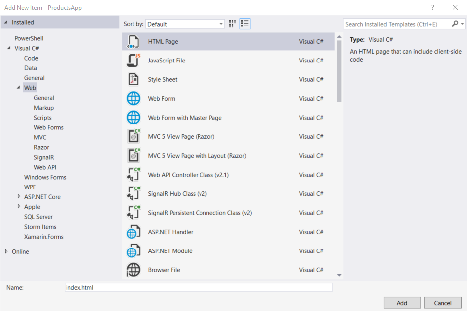 Schermopname van de menuopties voor het toevoegen van een nieuw item, met de webselectie en de beschikbare opties.