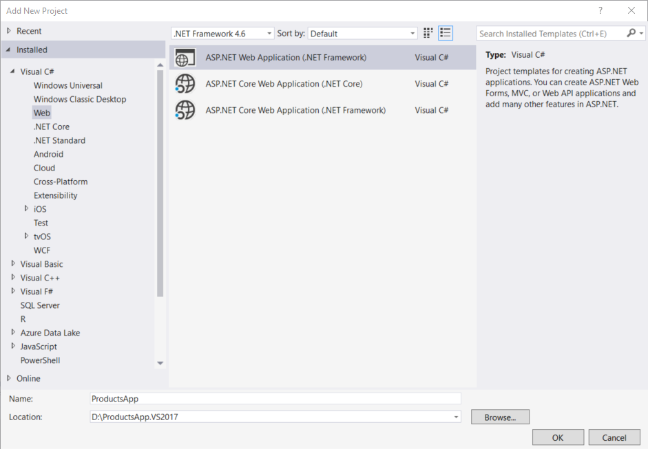 Schermopname van de sjabloonopties voor het toevoegen van een nieuw project, waarin de stappen en selecties voor het maken van het nieuwe project worden gemarkeerd.