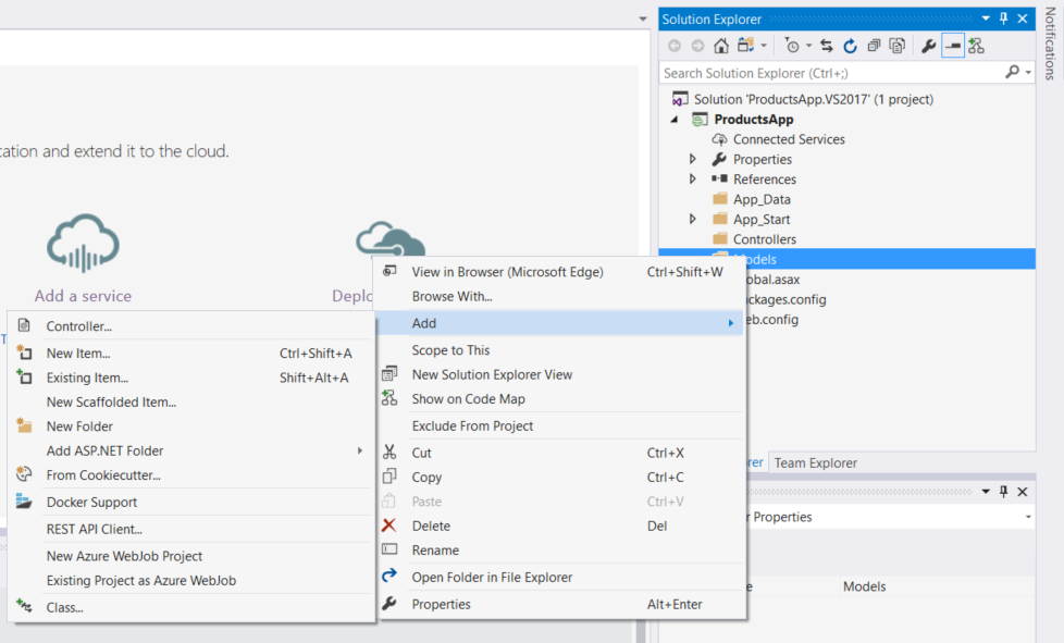 Schermopname van het menu Solution Explorer, waarin de opties in de map modellen worden weergegeven waarin wordt getoond hoe u een klasse toevoegt.