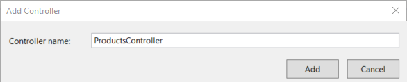 Schermopname van het dialoogvenster 'Controller toevoegen', waarin het woord 'productcontroller' wordt weergegeven in het veldvak en de knop Toevoegen eronder.