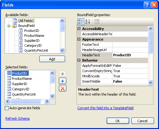 De boundfields van GridView beheren via het dialoogvenster Kolommen bewerken