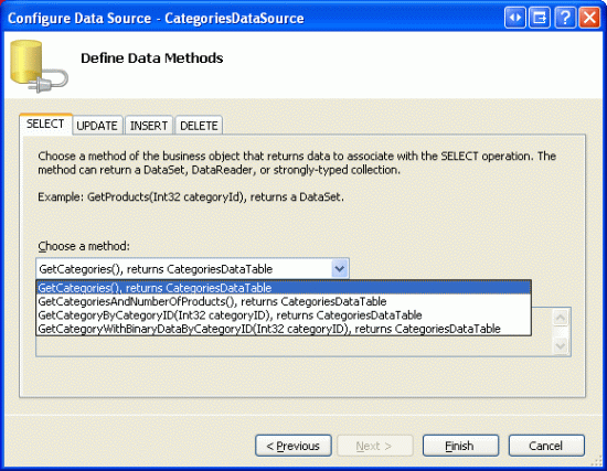 De ObjectDataSource configureren om categorieën te retourneren met behulp van de methode GetCategories