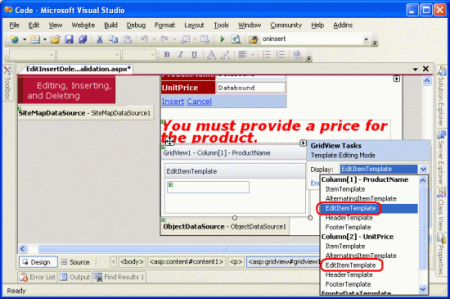 We moeten de EditItemTemplates van ProductName en UnitPrice uitbreiden