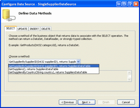 De methode SingleSupplierDataSource ObjectDataSource configureren voor het gebruik van de methode GetSupplierBySupplierID (leverancierID)