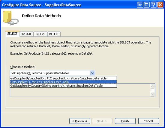 De ObjectDataSource configureren voor het gebruik van de methode SuppliersBLL-klasse GetSuppliers