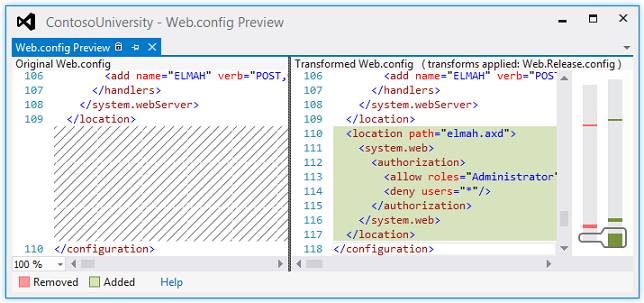 Schermopname van het Web.config Voorbeeld met het oorspronkelijke Web.config-bestand aan de linkerkant en hoe het getransformeerde Web.config-bestand er rechts uitziet, met de wijzigingen gemarkeerd.