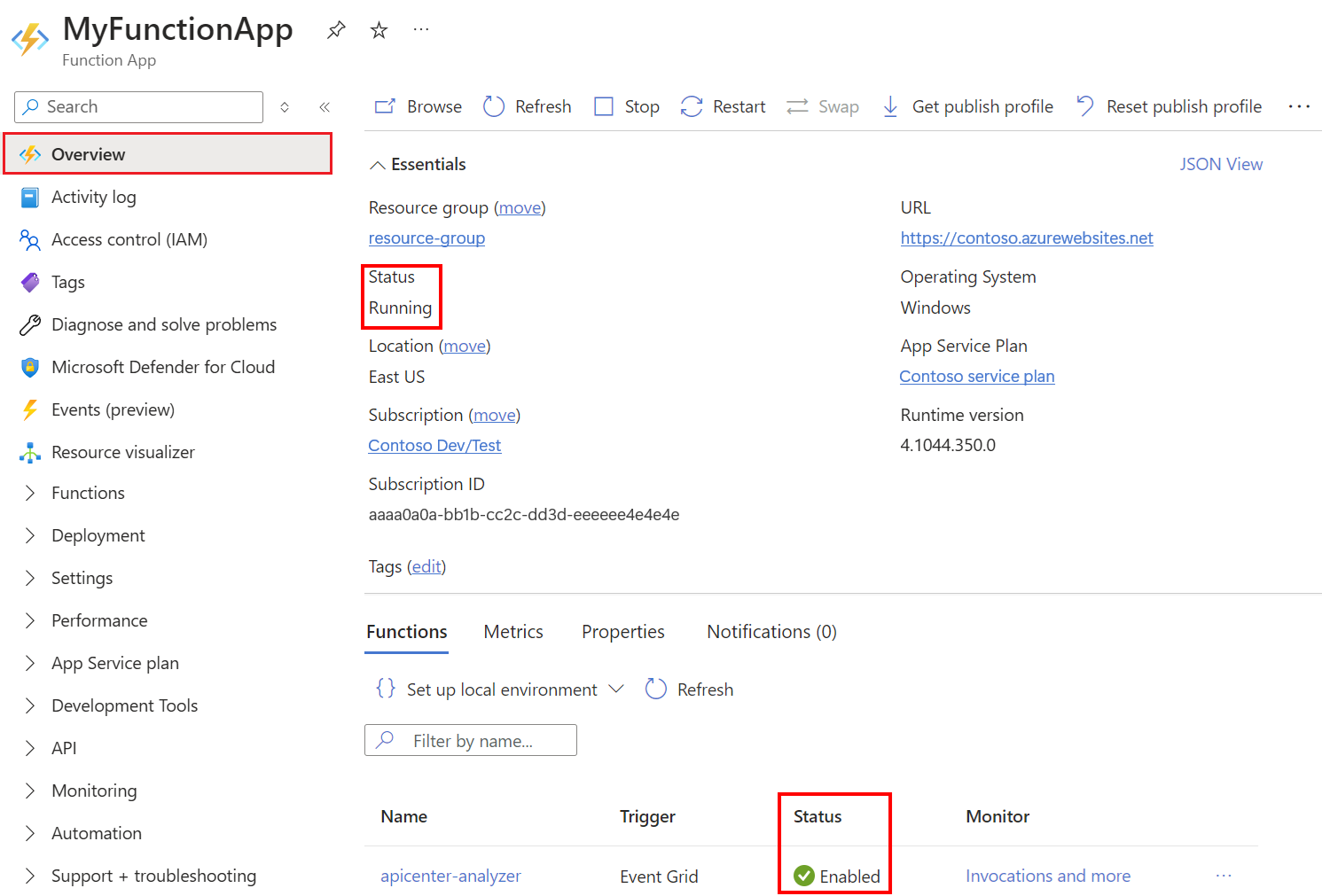 Schermopname van de functie-app in de Azure portal met de functie Status Actief en Ingeschakeld.