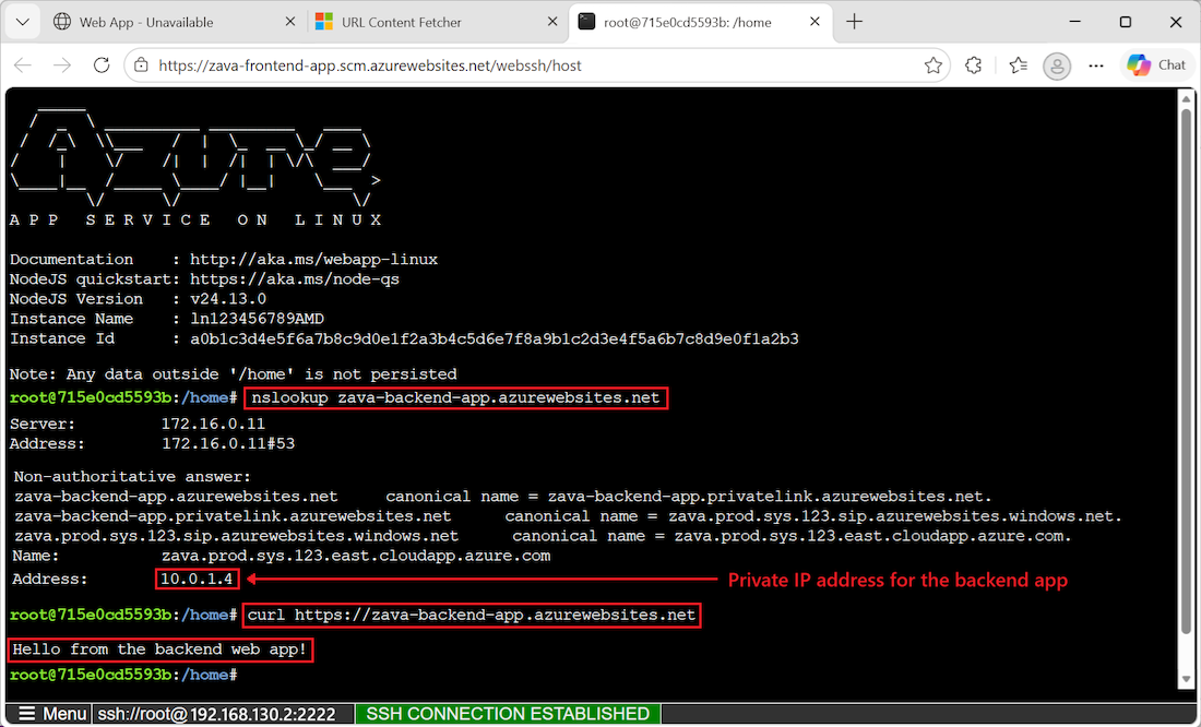 Schermopname van de SSH-sessie waarin wordt getoond hoe u app-verbindingen valideert.