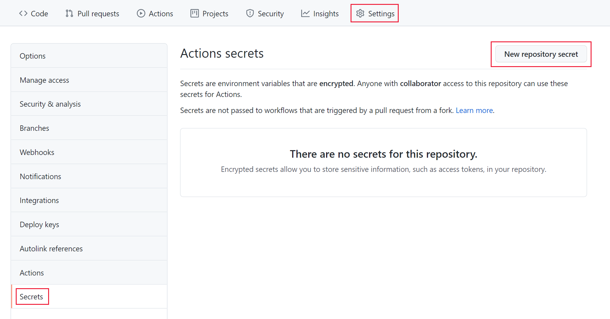 Schermopname die laat zien hoe u een gitHub-opslagplaatsgeheim toevoegt.