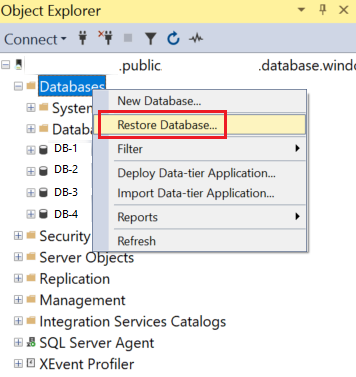 Scherm van Objectverkenner in SSMS. De map Databases is geselecteerd. In het snelmenu is Database herstellen geselecteerd.