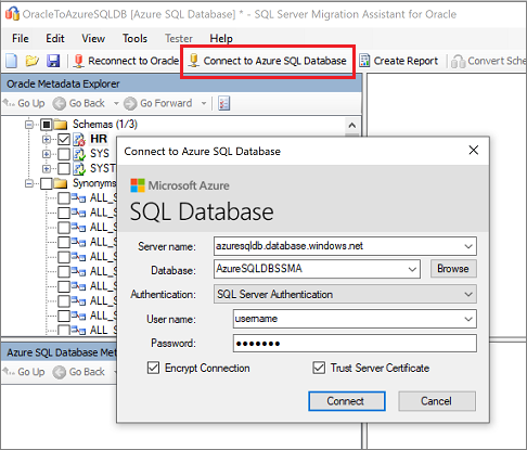 Schermopname van Verbinding maken met Azure SQL Database.