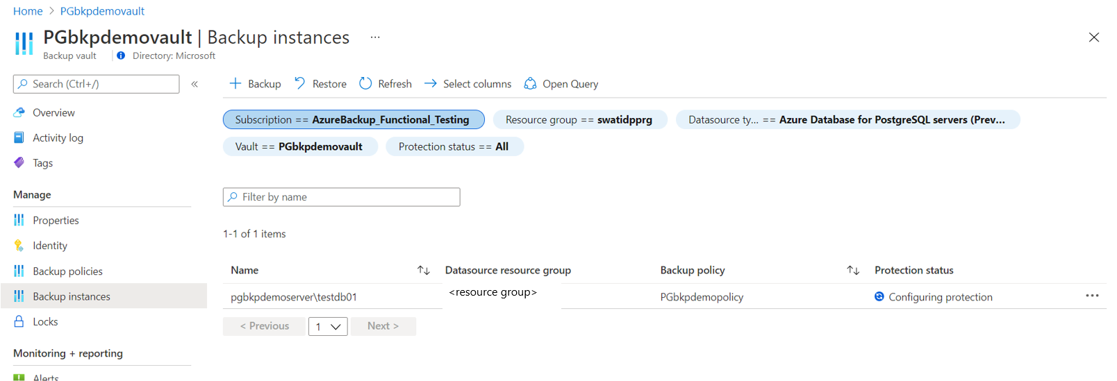 Schermopname van de details voor een geconfigureerde back-up.