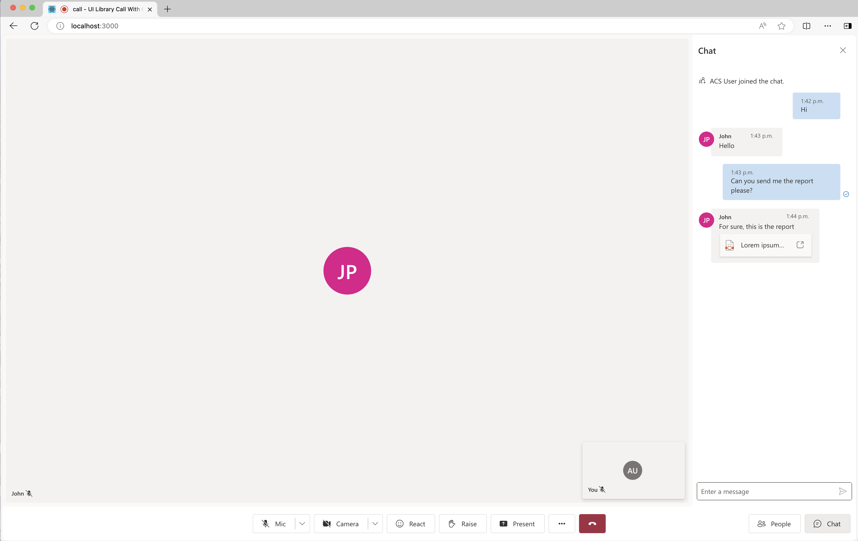 Schermafbeelding van de Azure Communication Services UI-bibliotheek die één bestand ontvangt.
