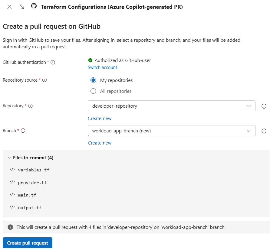 Schermopname van Azure Copilot die een pull-aanvraag maakt op GitHub om gegenereerde bestanden toe te voegen.