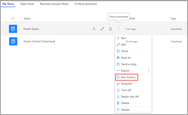 Schermopname van het tabblad Mijn stromen, waarin de uitvoeringsgeschiedenis is gemarkeerd.