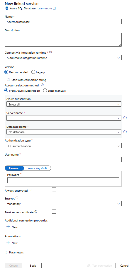 Scherm van de configuratie voor Azure SQL Database linked service.