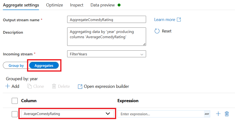 Schermopname van de jaaroptie op het tabblad Aggregaties onder Aggregaatinstellingen.