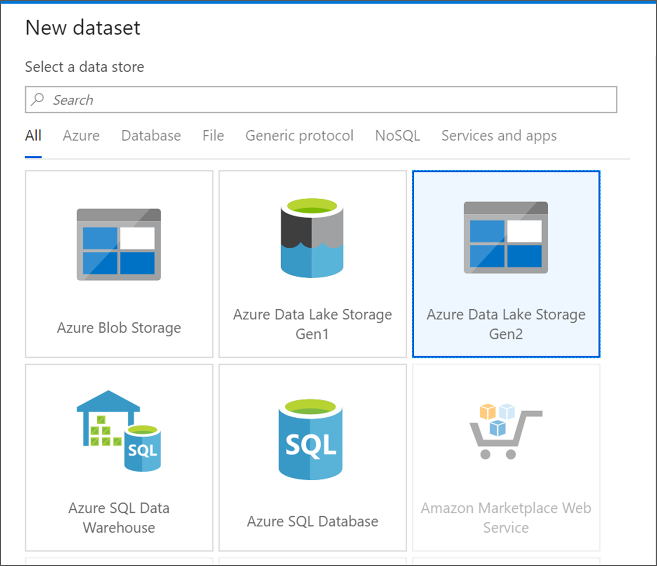 Schermafbeelding waarin wordt weergegeven waar de tegel Azure Data Lake Storage Gen2 te vinden is.