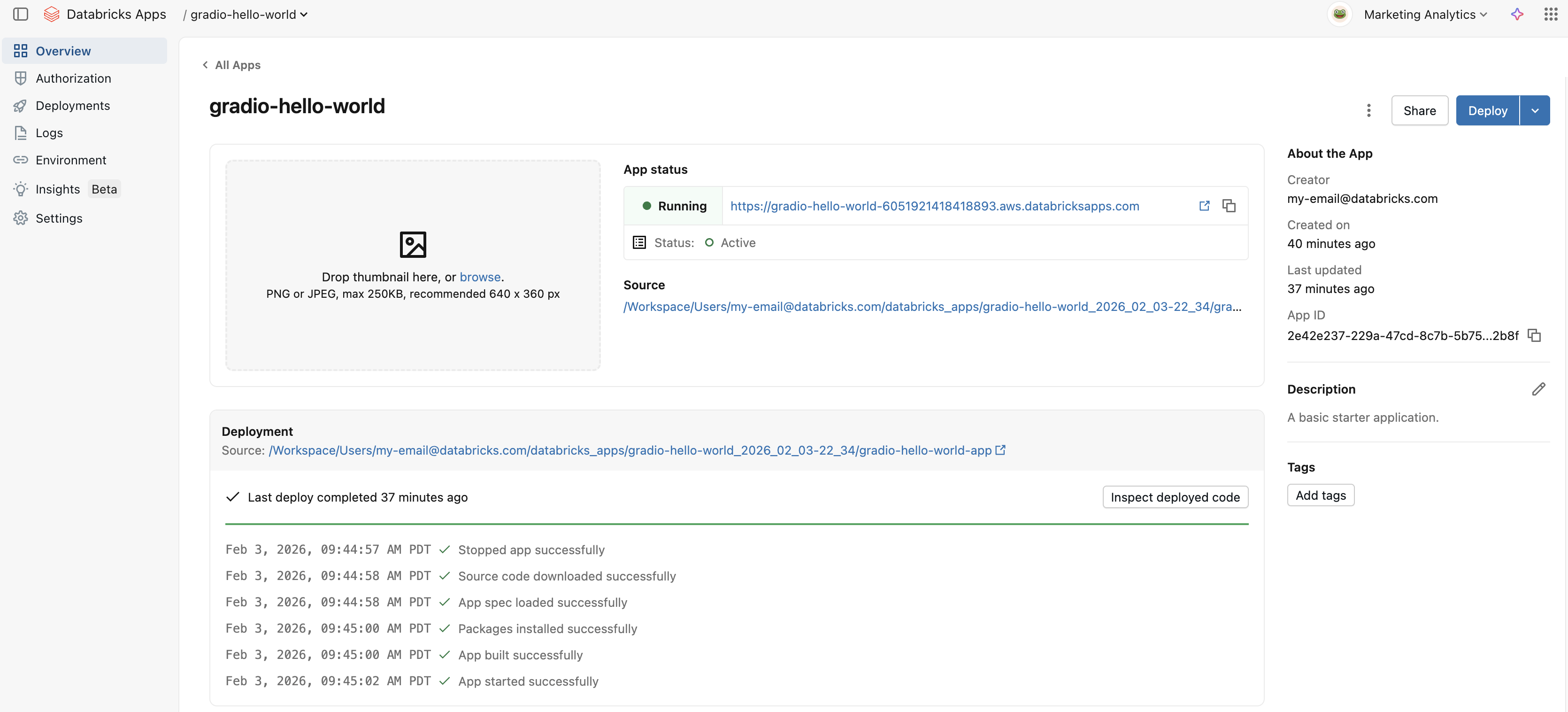 De pagina met app-details weergeven na de implementatie van de app