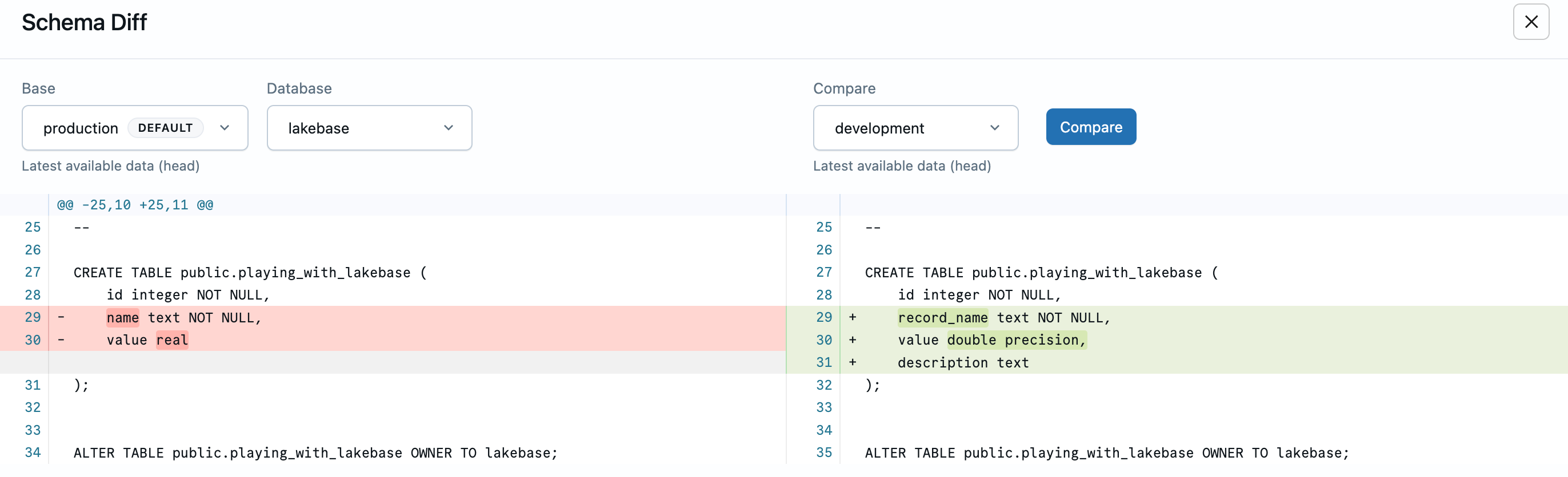 Schemavergelijking toont verschillen in vertakkingen met kleurgecodeerde SQL DDL-wijzigingen
