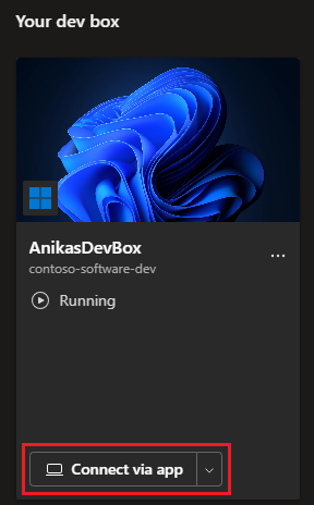 Schermopname van de tegel Dev Box, met de optie Verbinding maken via app.