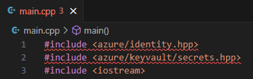 {Een schermafbeelding van de C++ include-verklaringen van VS Code met rode golvende foutlijnen eronder.}