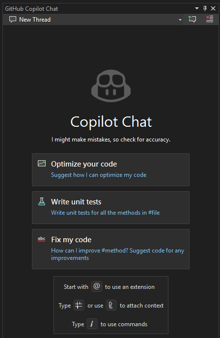 Schermopname van het GitHub Copilot Chat-venster in Visual Studio 2022.